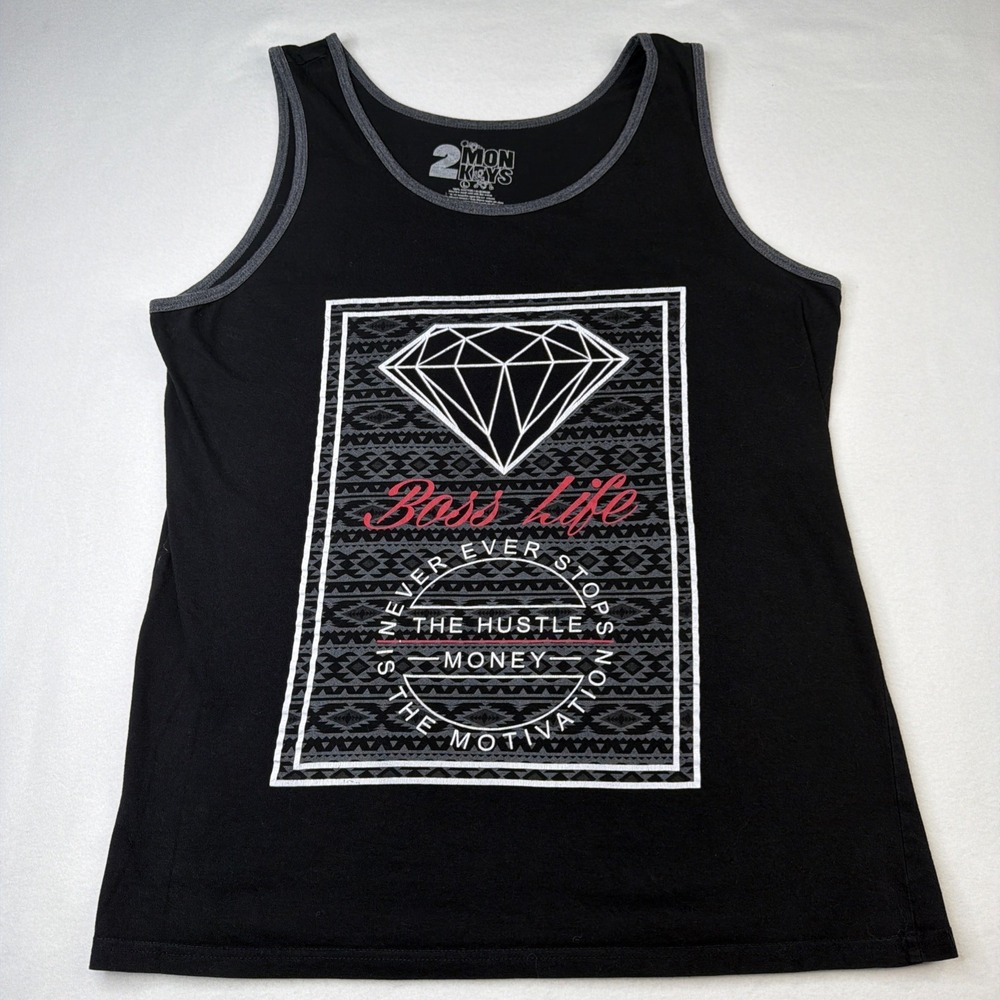2 Mon Keys Bass Life Tank Top Men's L Black Graphic Sleeveless Cotton Blend